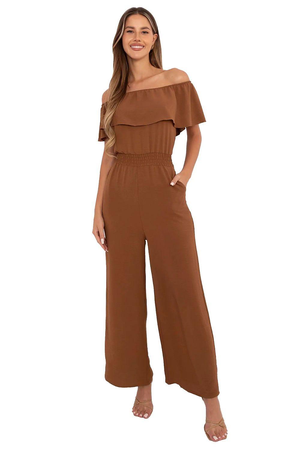 Off-shoulder ruffle jumpsuit in brown with wide legs