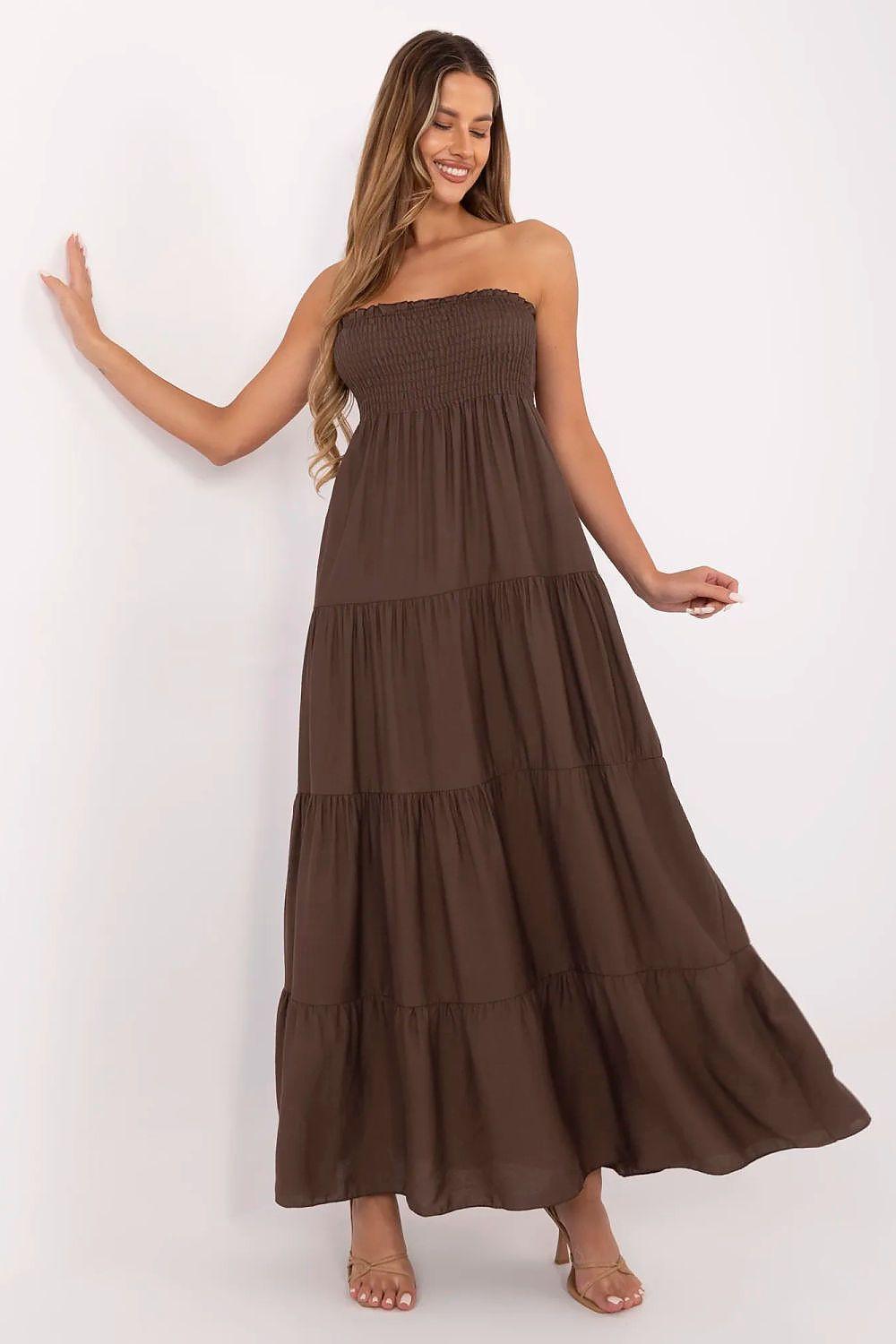 Brown maxi daydress with smocked strapless bodice and tiered, tiered flared skirt