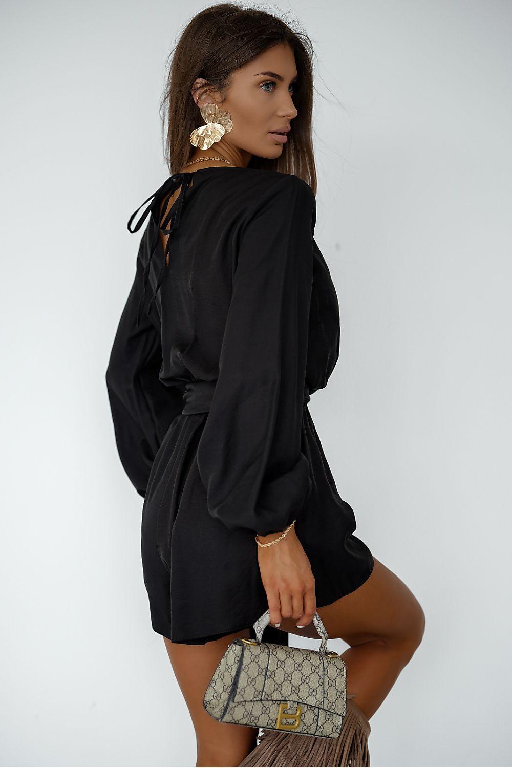 Black long-sleeve mini dress with tie waist and V-neck (back/side view)