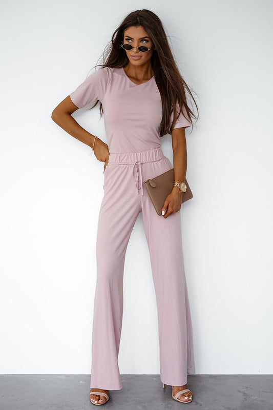 Pink viscose lounge set with short-sleeve top and wide-leg drawstring pants