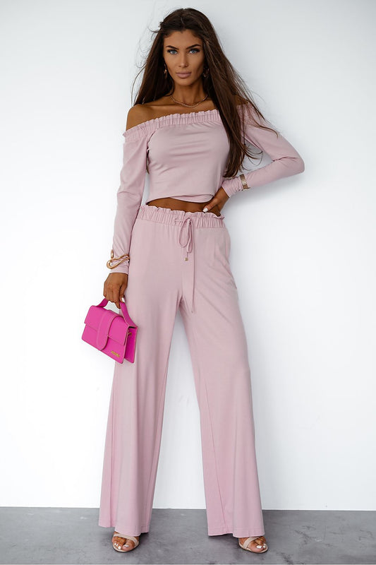 Pink off-shoulder cropped top and wide-leg pants set with elastic waist