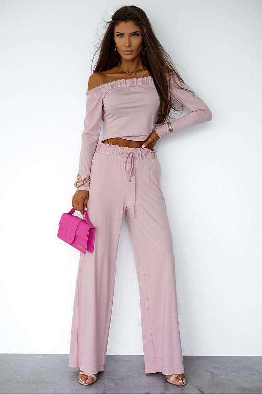 LaBalancia off-shoulder crop top and wide-leg pants set, pink