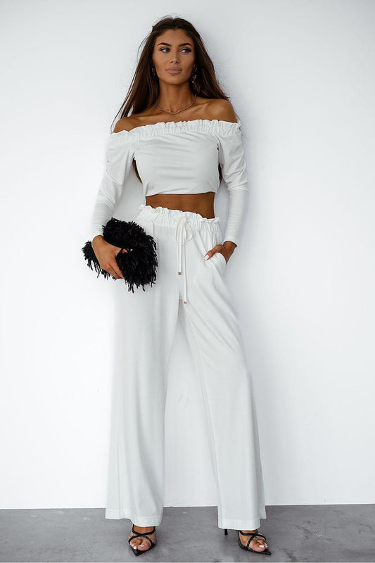 LaBalancia off-shoulder crop top and wide-leg pants set, white