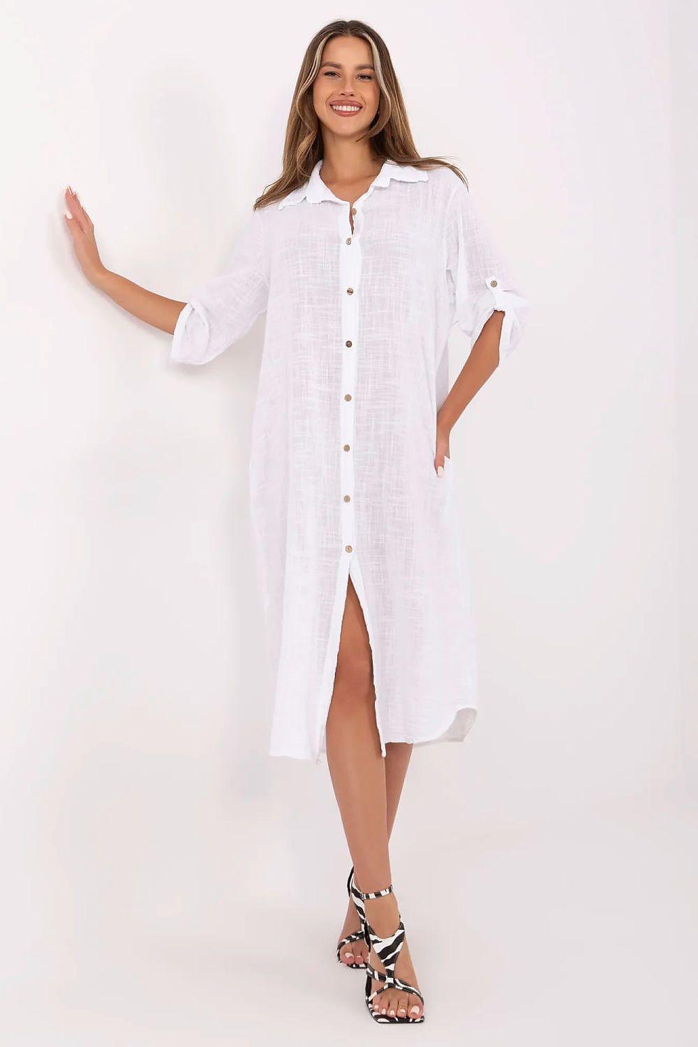 White cotton shirt dress with button front, oversized fit, side slit, short sleeves