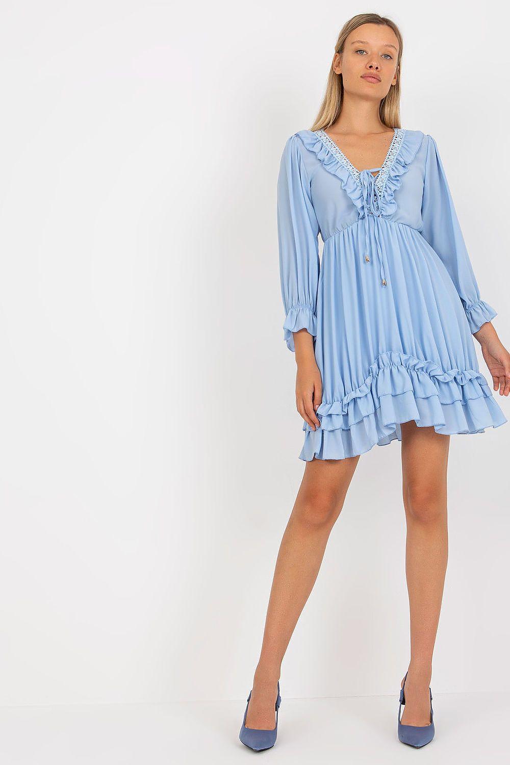 Blue day dress by Och Bella, ruffled neckline and tiered skirt, 3/4 sleeves