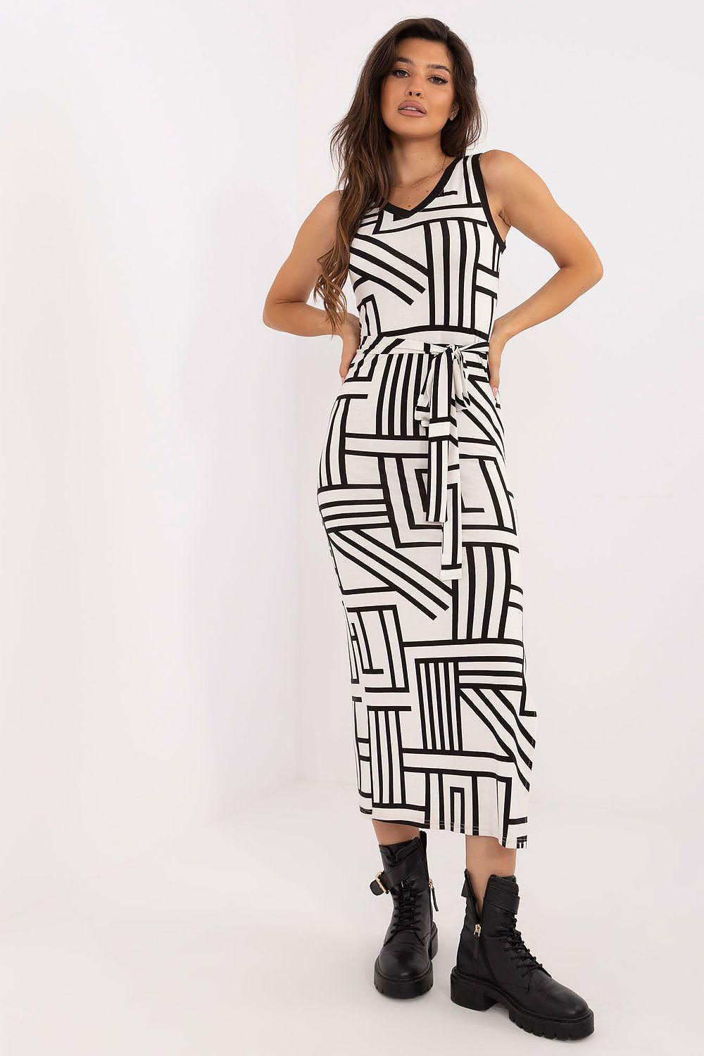 Sleeveless midi daydress, black-and-white geometric print, tie waist