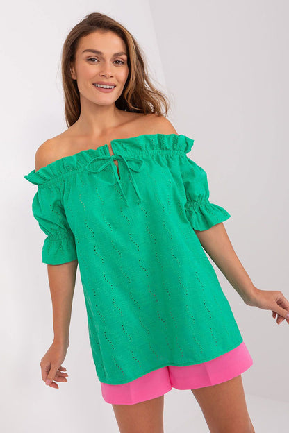 Green off-shoulder cotton blouse with layered ruffle neckline and short puff sleeves