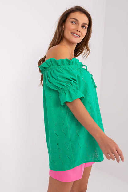 Green off-shoulder cotton blouse with fluttery sleeve ruffles and eyelet texture