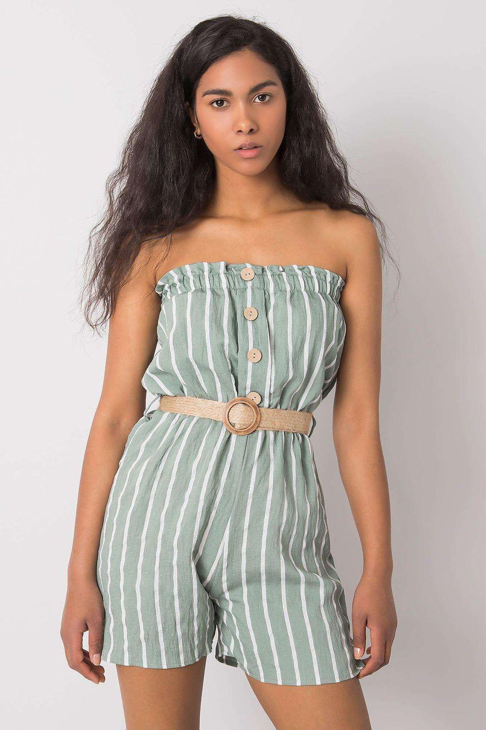 Green striped strapless romper with button placket and self-tie waist belt