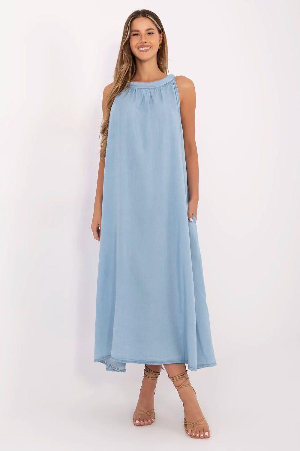 Light blue sleeveless daydress with gathered neckline and long flared skirt