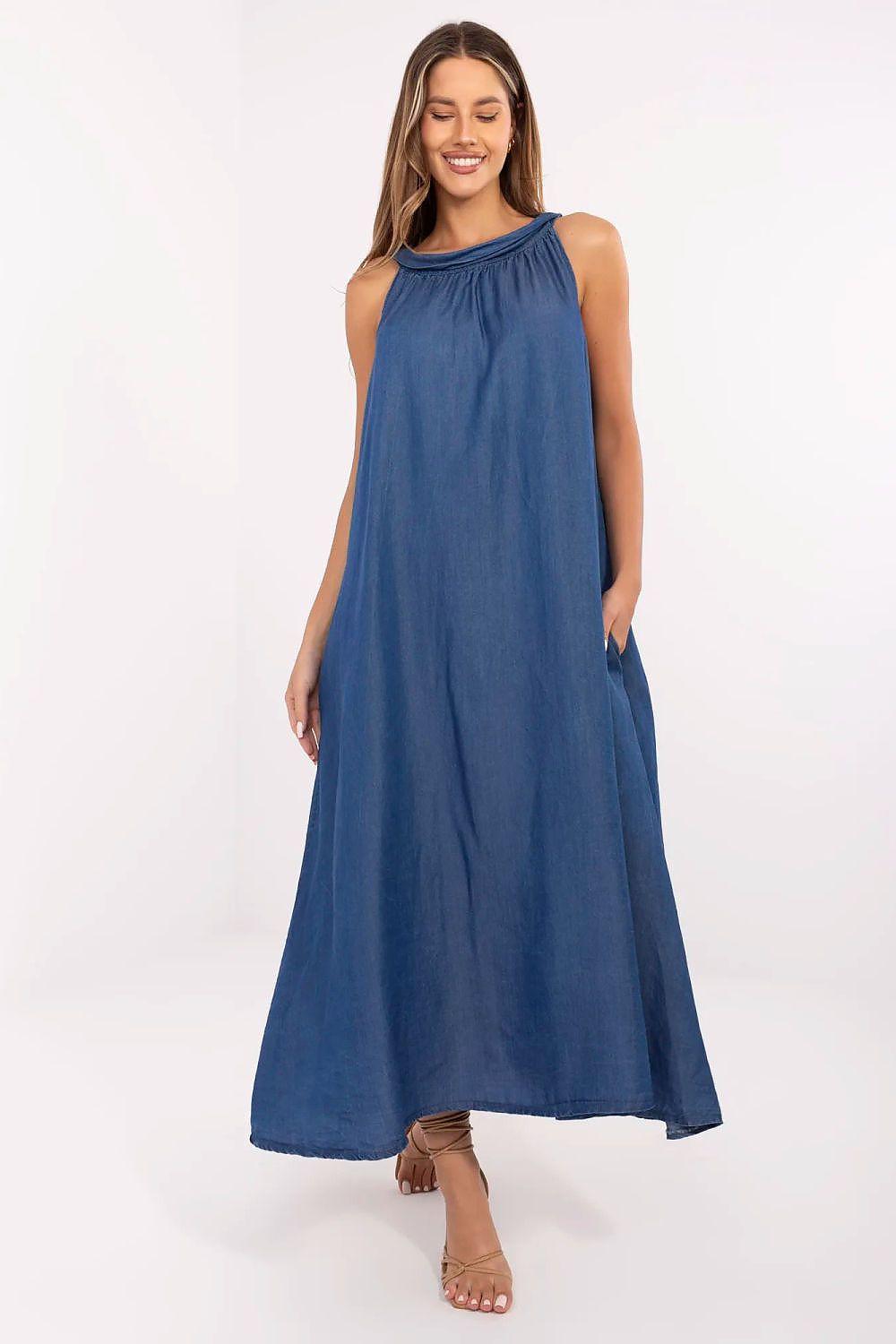 Dark blue sleeveless daydress with gathered high neckline and long flared skirt