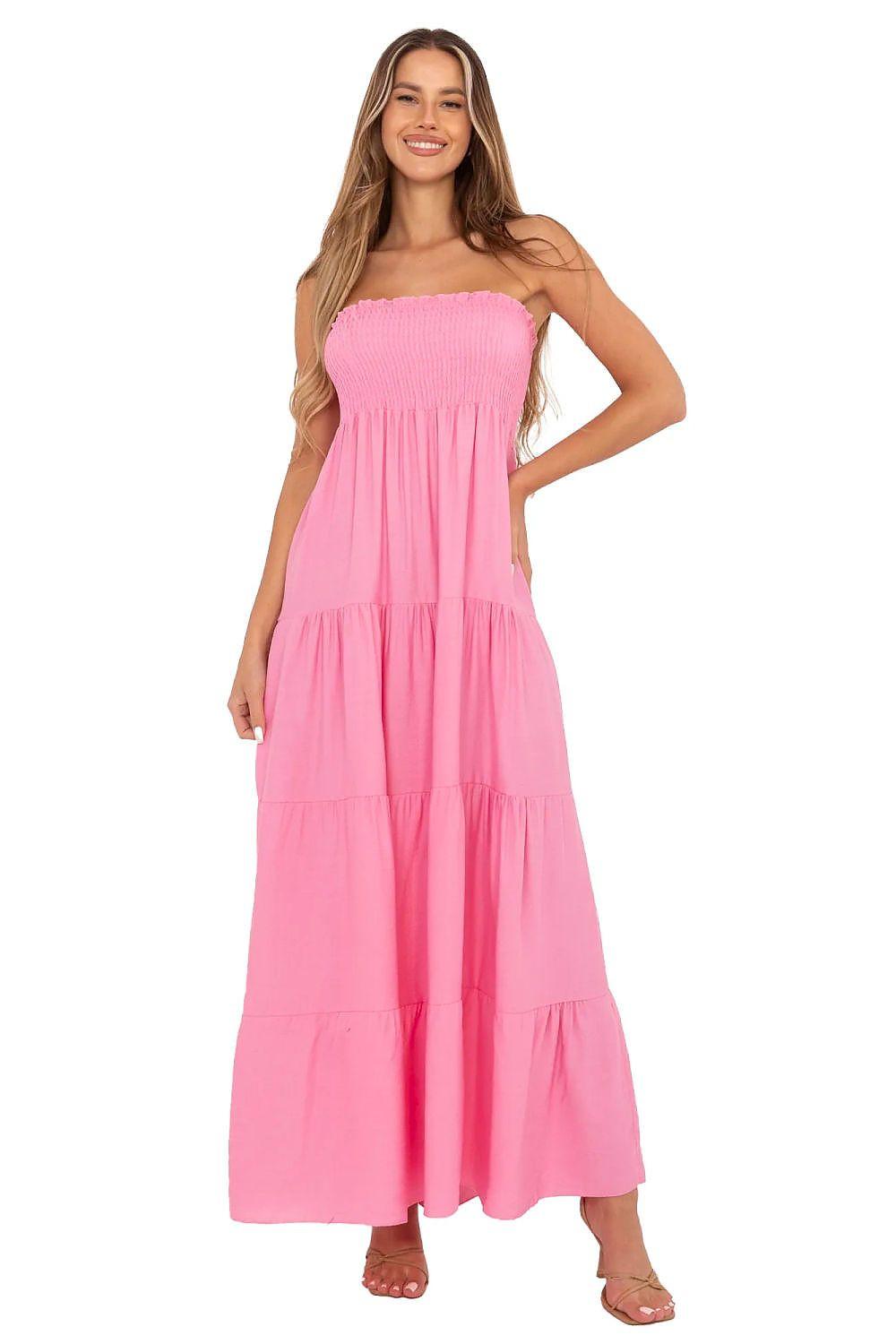 Pink strapless tiered daydress with smocked bodice and layered ruffle skirt