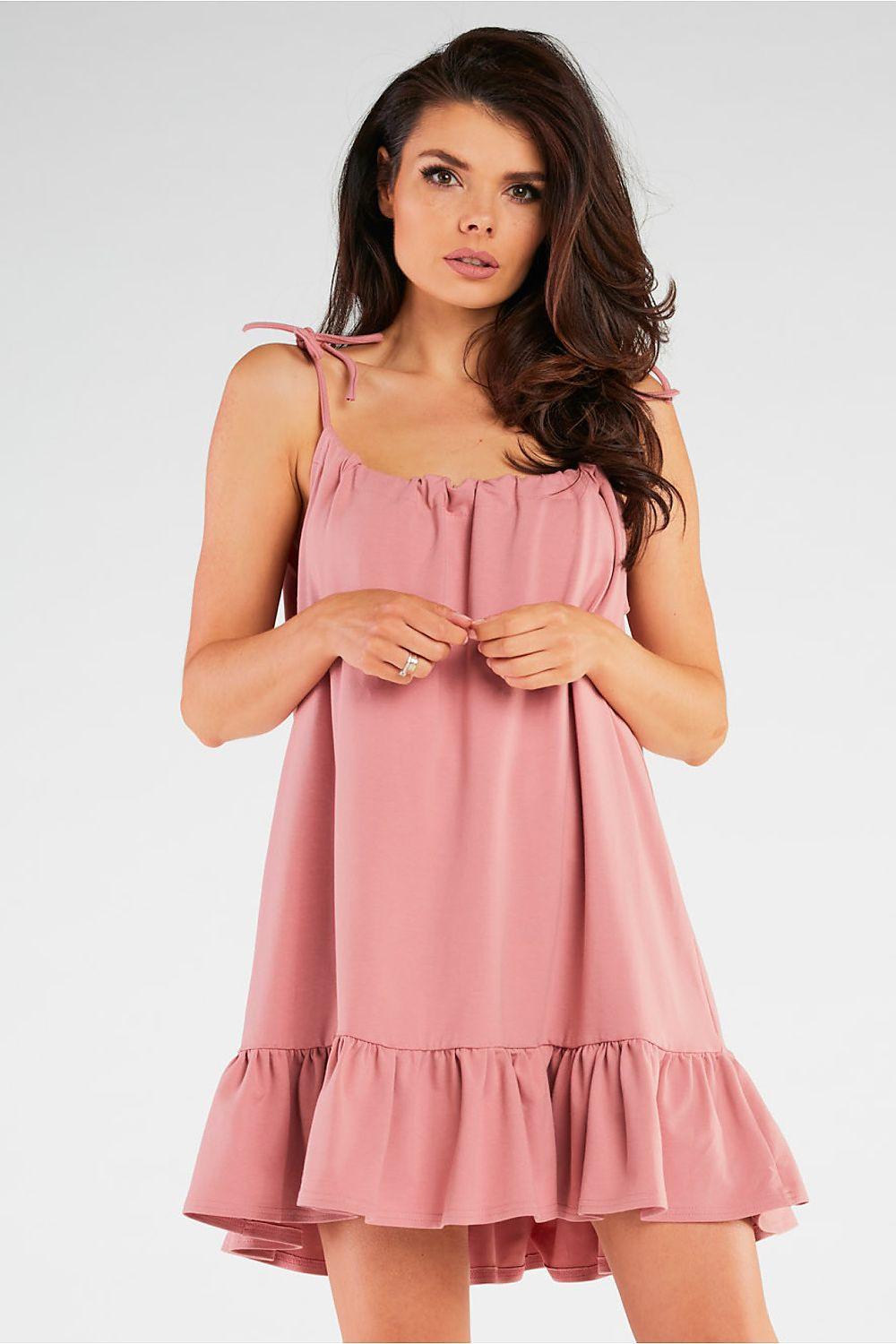 Soft knit A-line daydress in dusty pink, sleeveless with ruffled hem