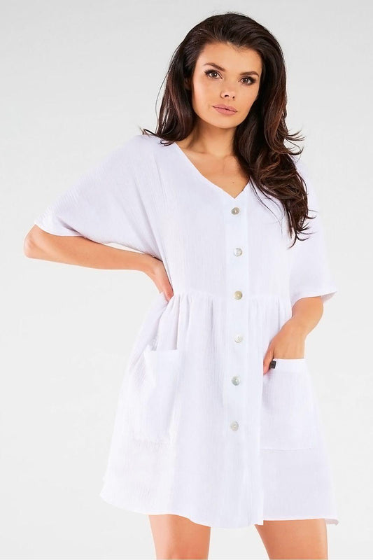 White button-front V-neck daydress with short sleeves and gathered waist