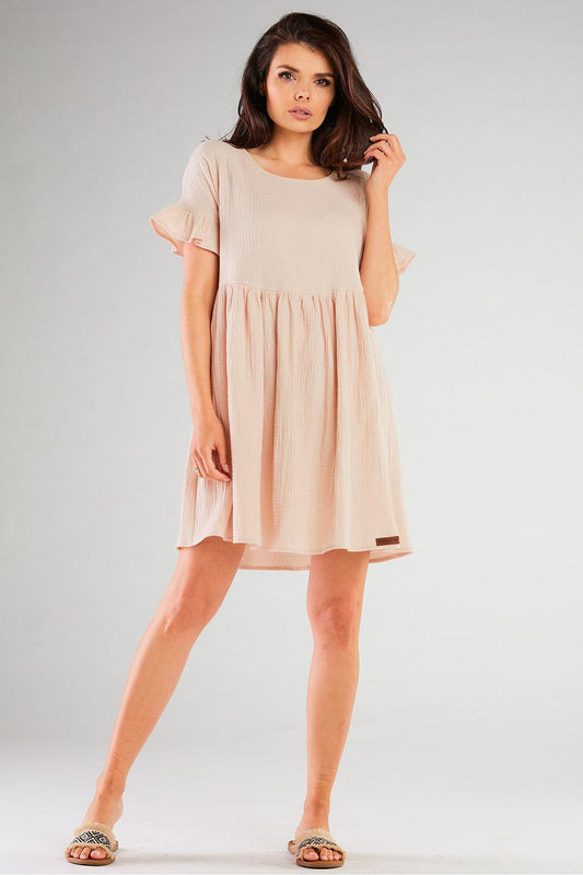 Beige daydress with short sleeves and gathered waist, flared above-knee skirt