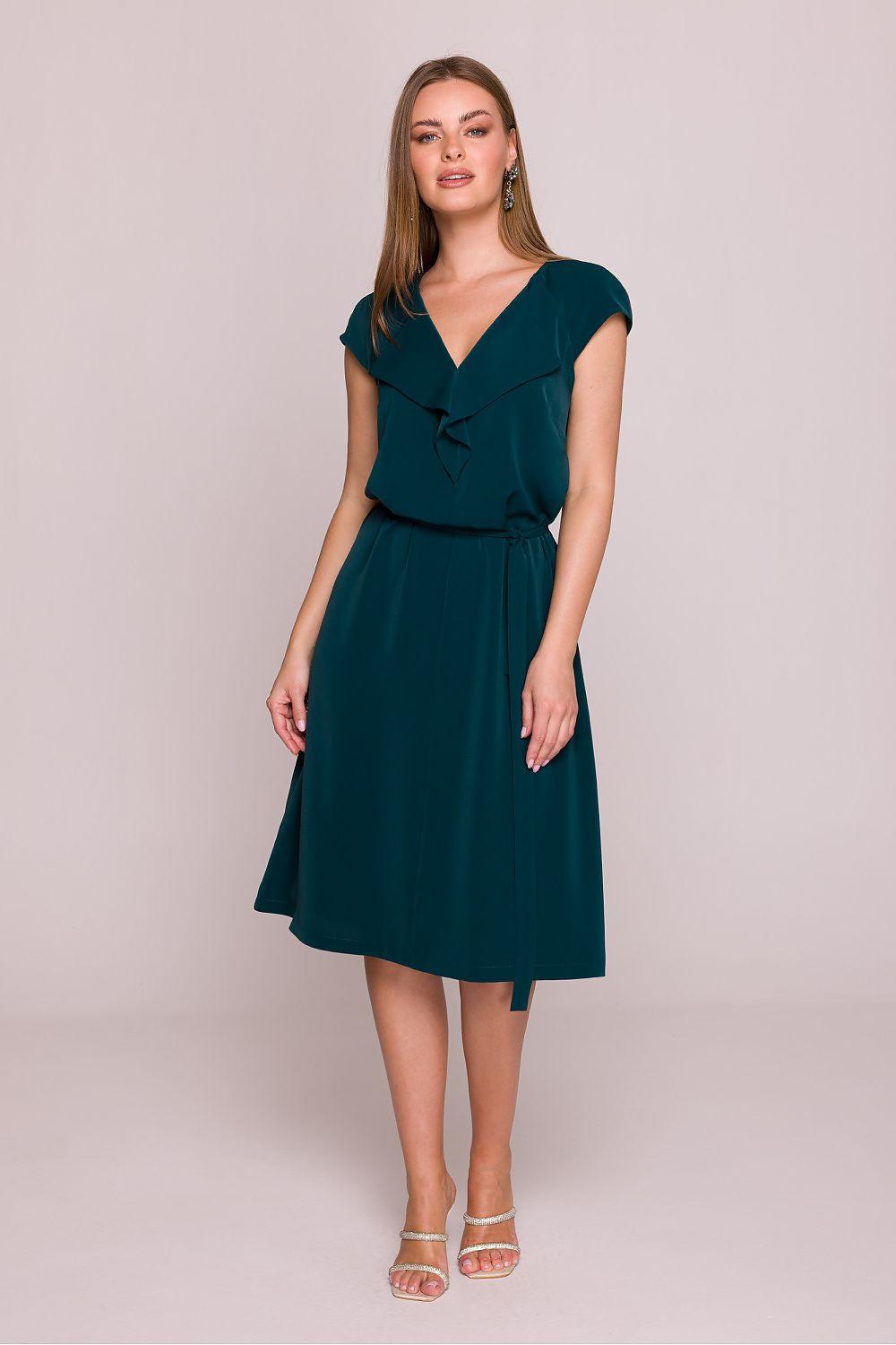 Teal V-neck cocktail dress with waist tie and short cap sleeves