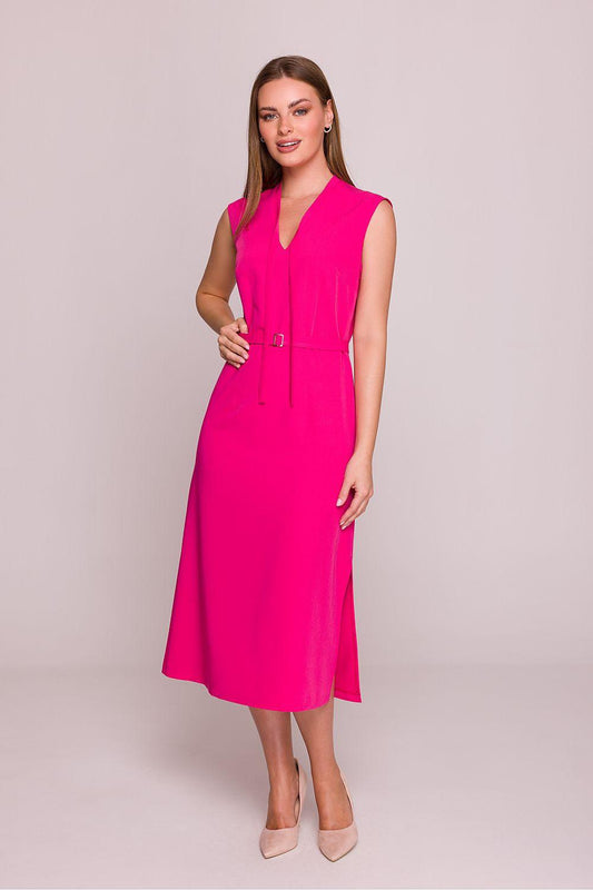 Magenta sleeveless midi day dress with V-neck and waist tie detail