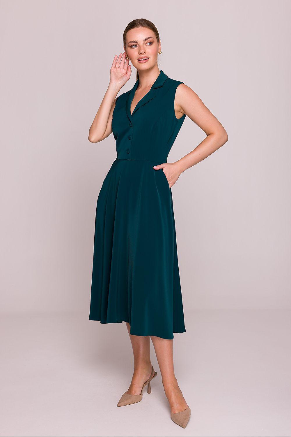 Cocktail dress in dark teal, sleeveless V-neck, fitted waist, midi length, pleated skirt