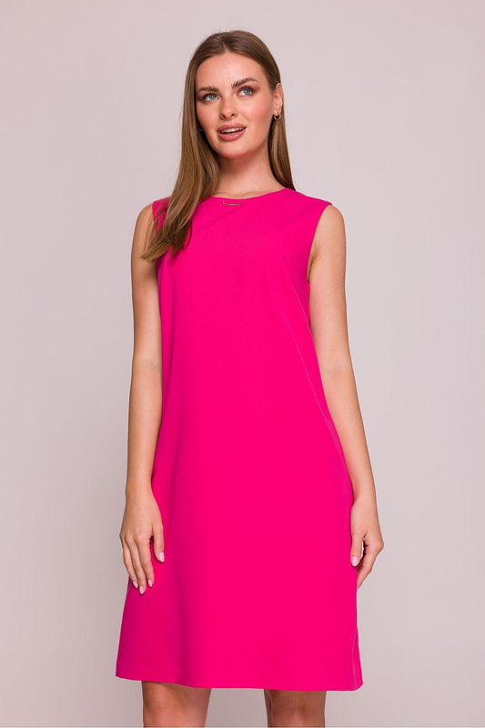 Bright pink sleeveless day dress, front view, above-knee length.