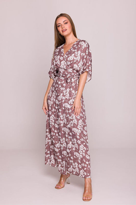 Women's day dress with mauve base and white floral print, short sleeves, gathered waist