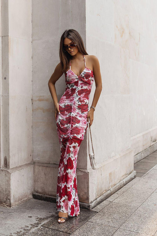 Floral print daydress with spaghetti straps, pink and white rose pattern