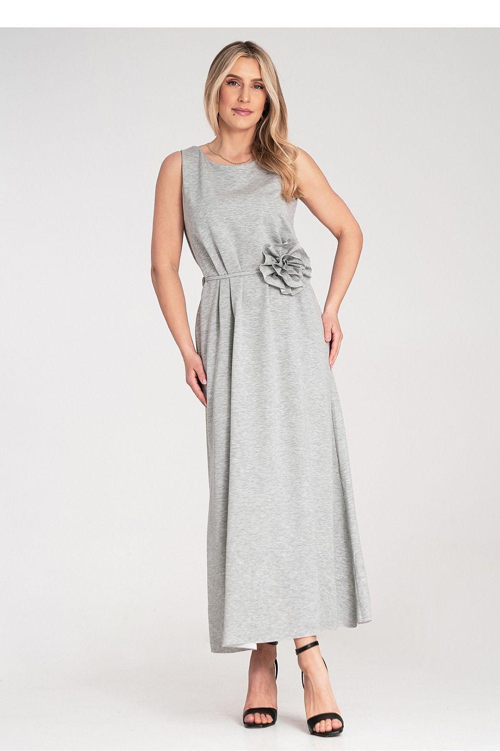 Grey sleeveless day dress with gathered waist and rosette detail at the front.