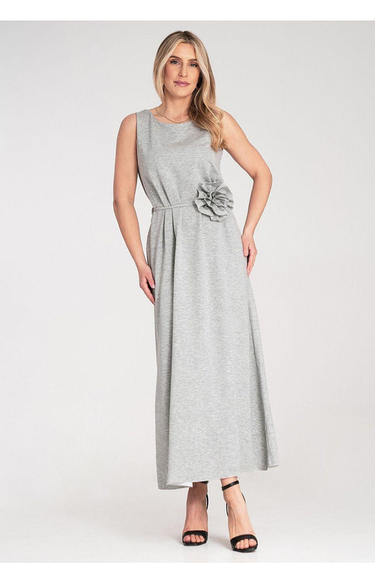 Grey sleeveless daydress with round neck, tie waist, and rosette waist detail