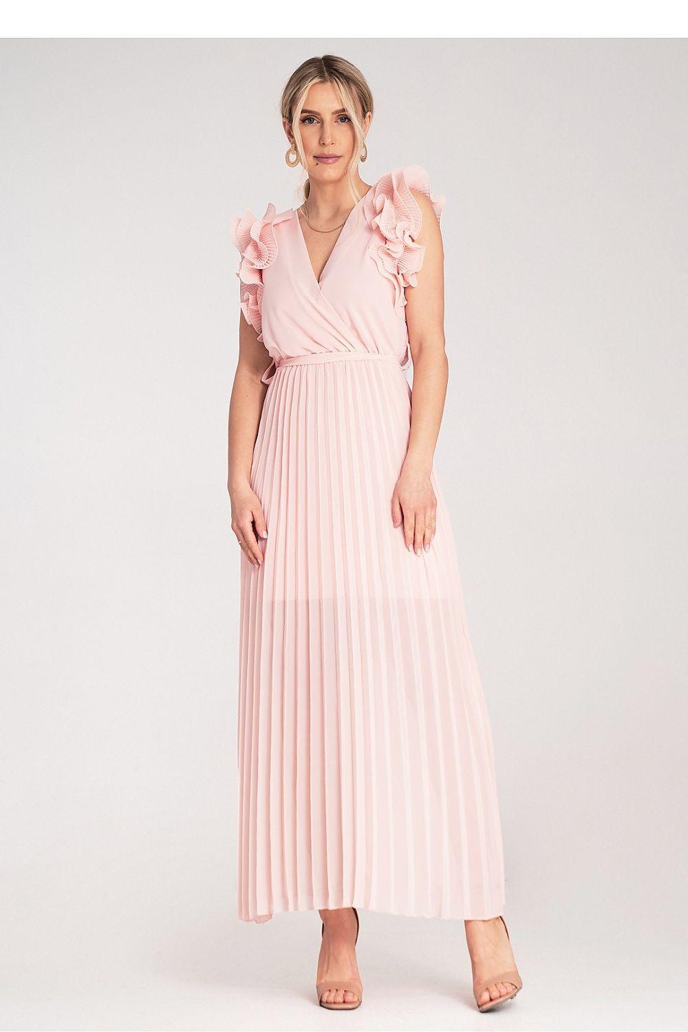 Pink cocktail dress by Figl with V-neck, ruffled cap sleeves, and pleated midi skirt