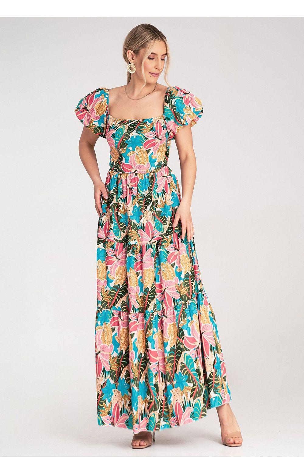 Floral day dress with puff sleeves, square neckline, and tiered maxi skirt in teal pink
