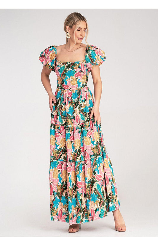 Floral maxi daydress with square neckline and puff sleeves, multicolor tiered skirt