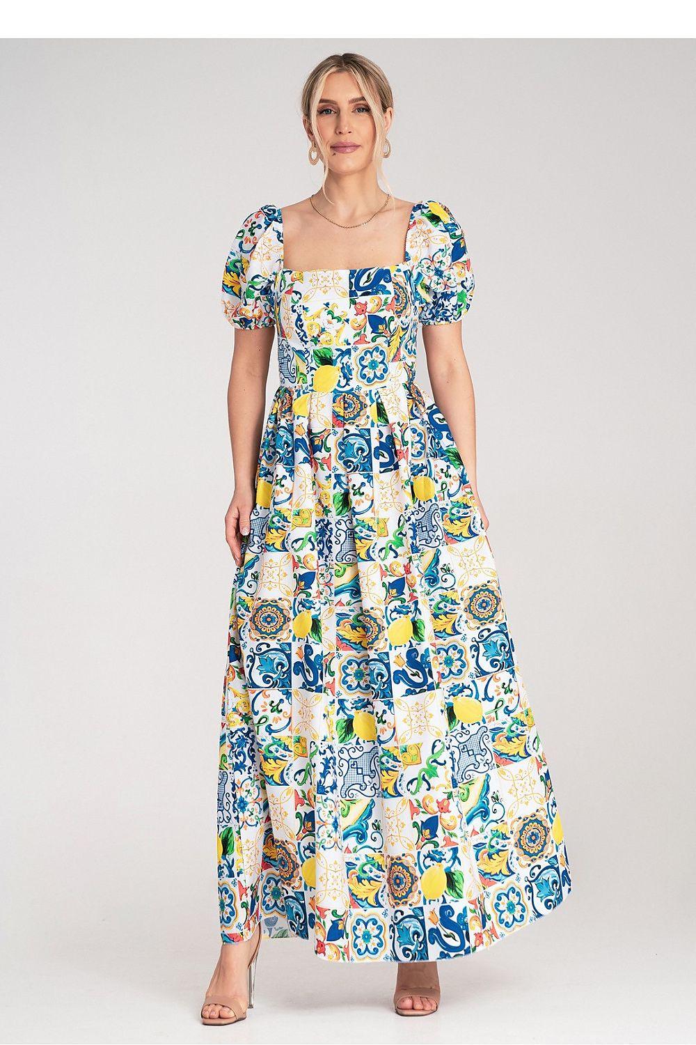 Blue printed daydress with square neckline and puff sleeves, tiered maxi skirt