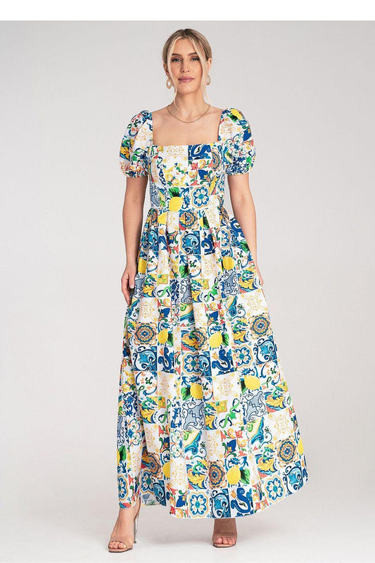 Blue printed daydress with square neckline and puff sleeves, tiered maxi skirt