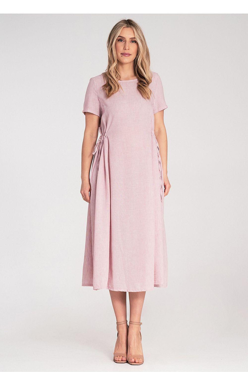 Pink midi daydress with short sleeves and side-tie waist, front view.