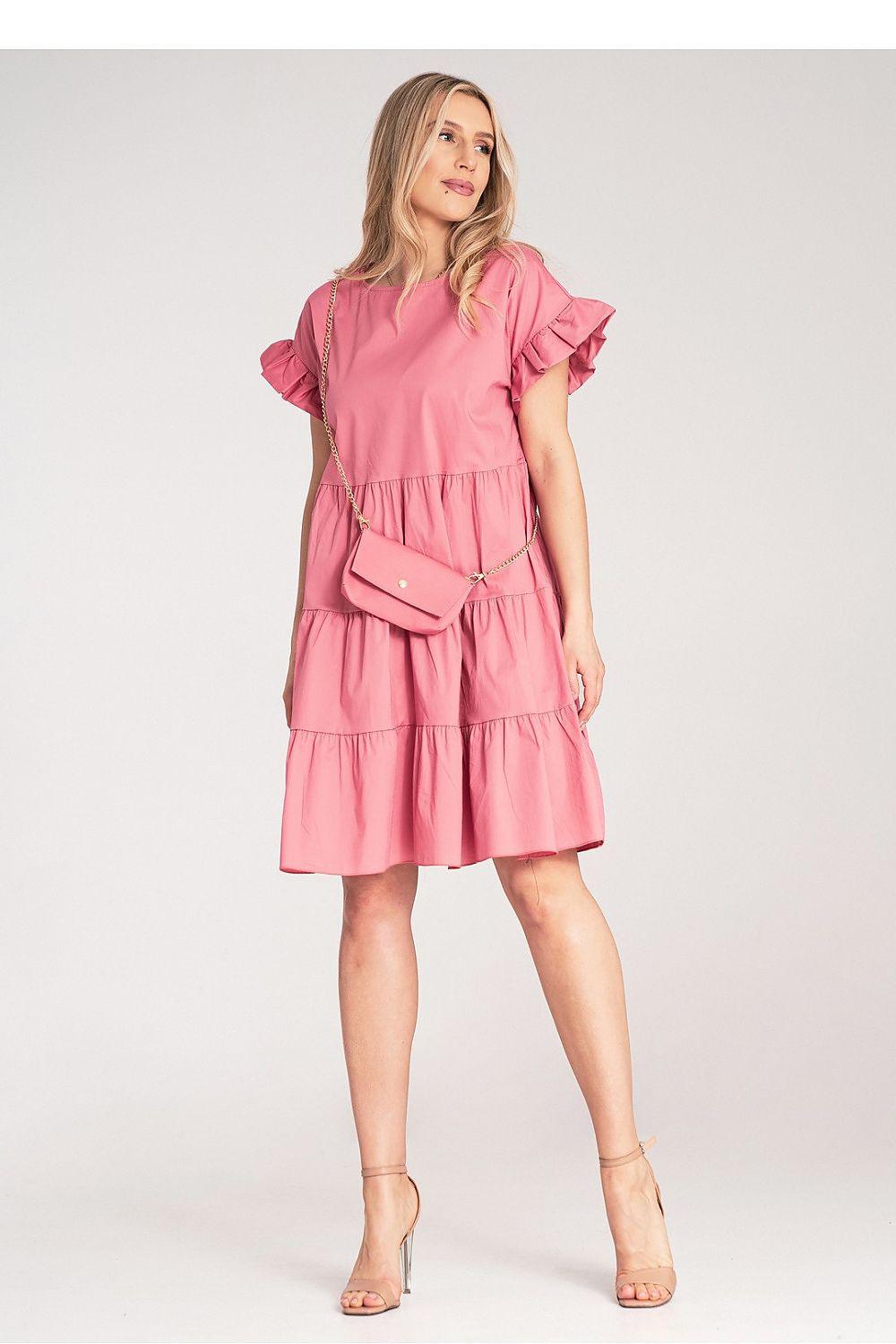 Tiered ruffle daydress mini with ruffled cap sleeves and crossbody bag, pink