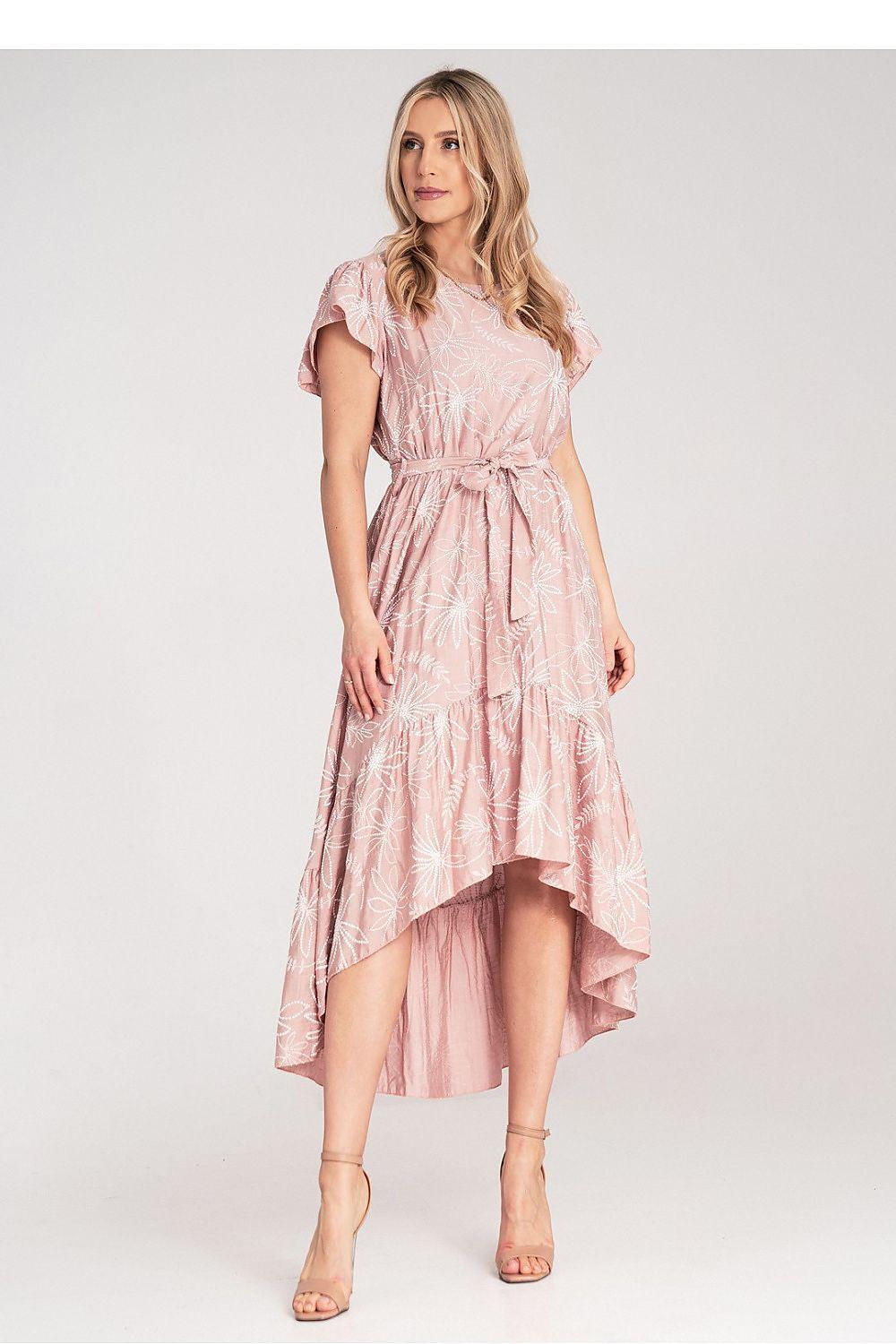 Pink embossed floral midi daydress with short sleeves and asymmetrical layered hem