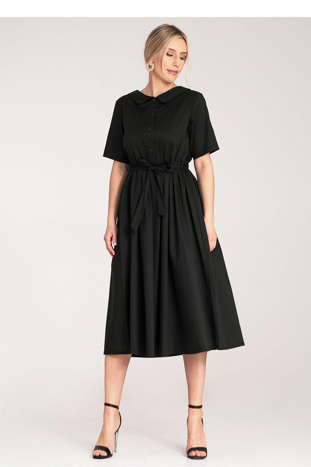 Figl Daydress model 214795 in black, short-sleeve midi with button front and tied waist.