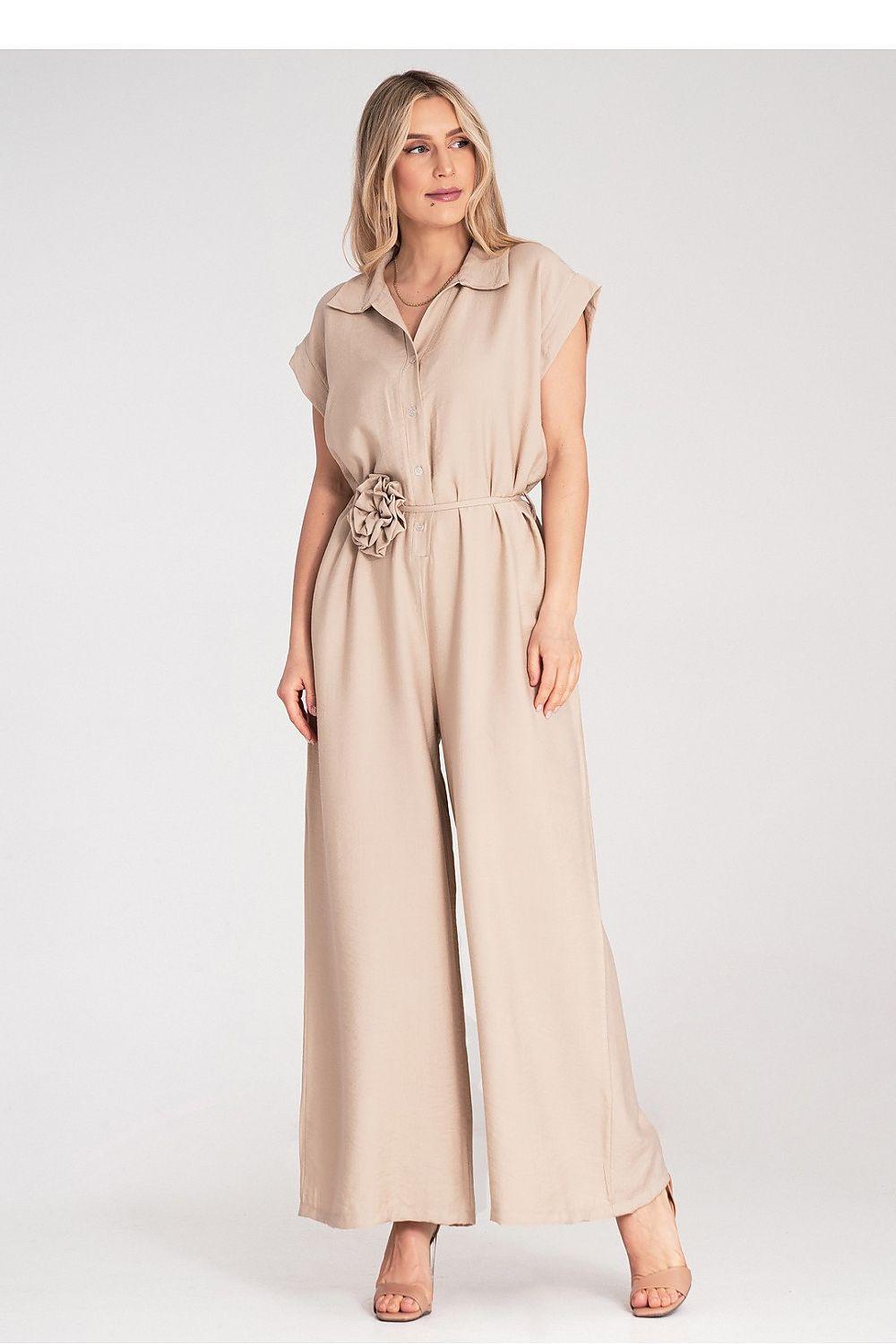 Beige wide-leg viscose jumpsuit with collared neckline, short sleeves, and tied waist