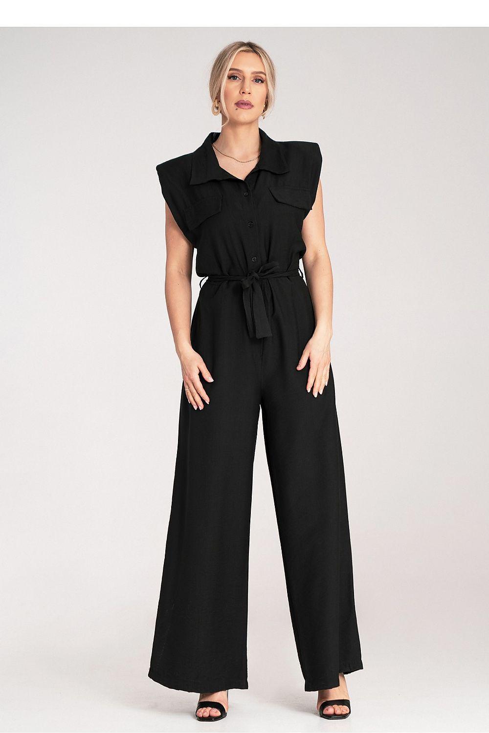Black wide-leg jumpsuit with tie waist, short sleeves, wide collar