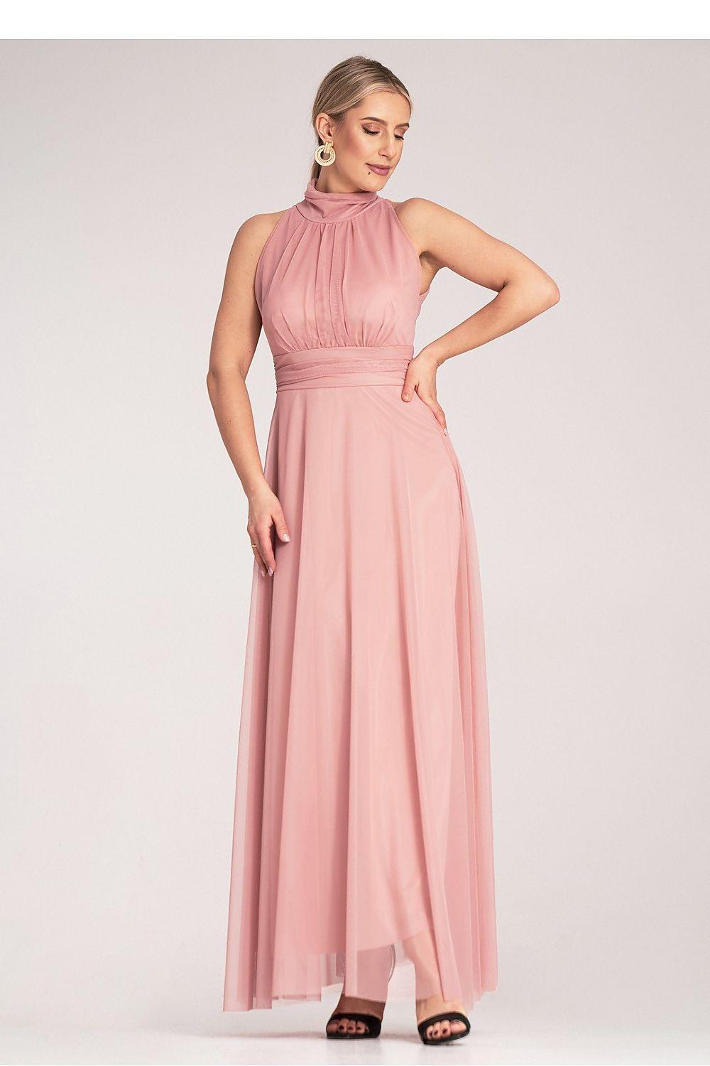 Cocktail dress in pink, sleeveless high neck with gathered waist and flowing tulle skirt