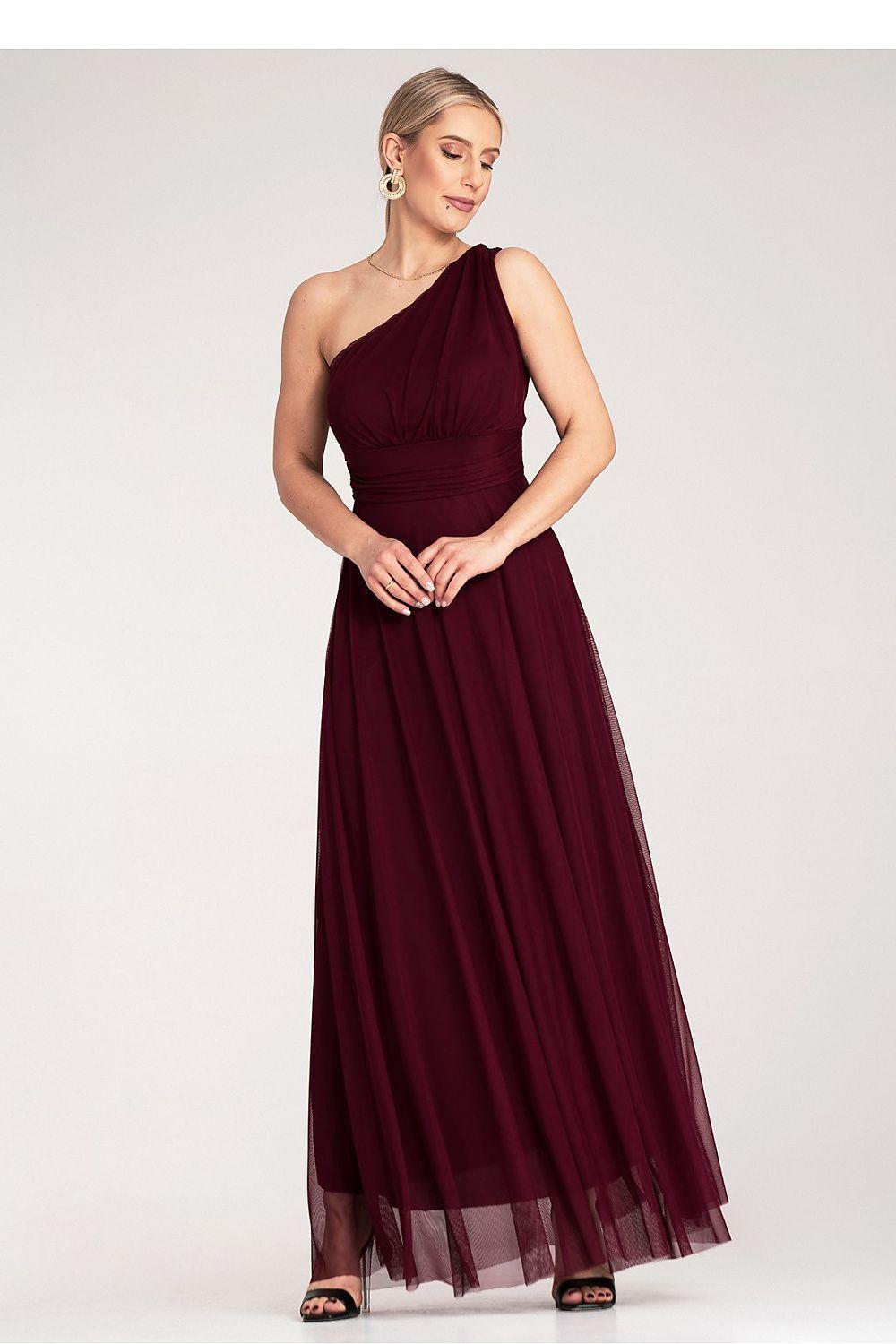 One-shoulder evening maxi dress in deep burgundy with pleated bodice and sheer tulle hem