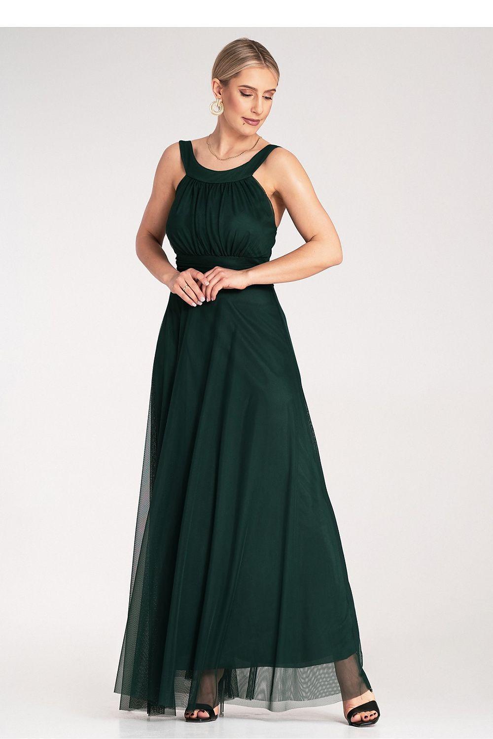 Dark green maxi evening dress with ruched halter neckline, sleeveless, layered tulle skirt
