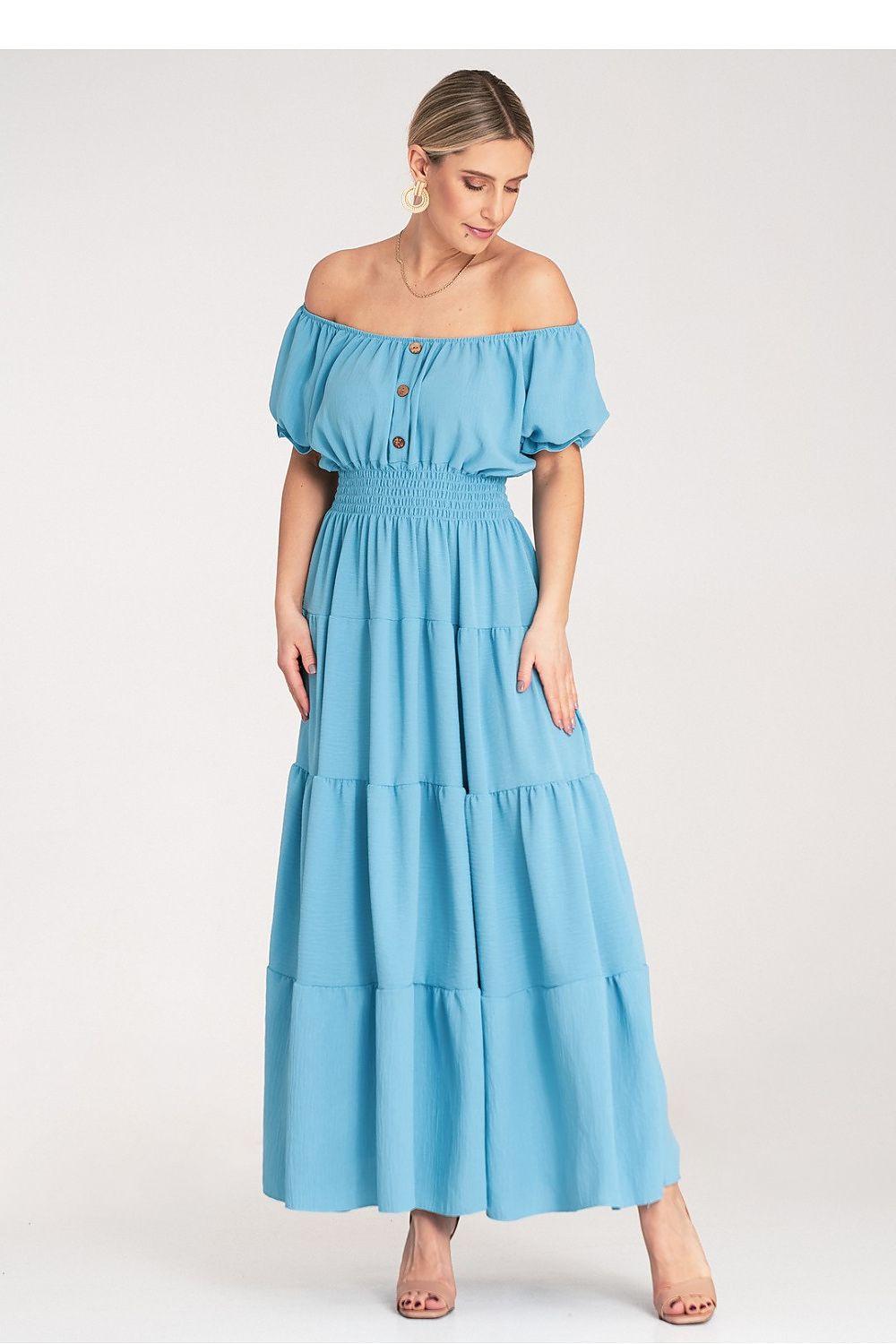 Blue maxi tiered off-shoulder daydress with puff sleeves and front button details