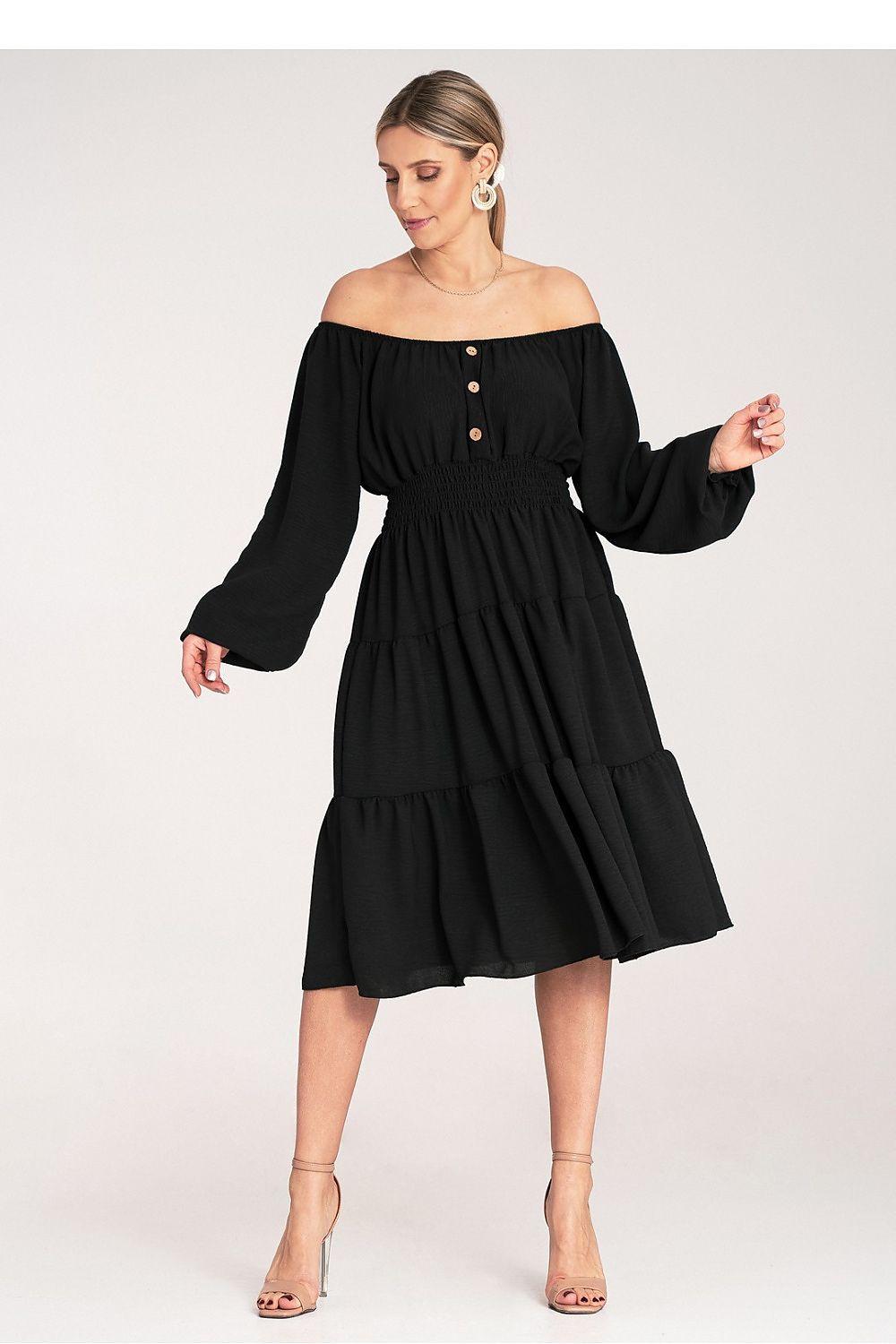 Black off-shoulder midi daydress, ruched bodice, tiered skirt, long puff sleeves
