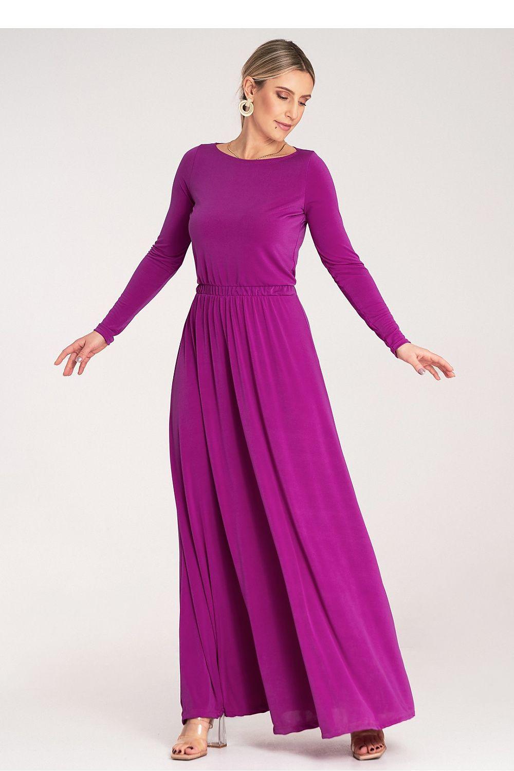 Violet long-sleeve maxi day dress with gathered waist and pleated skirt