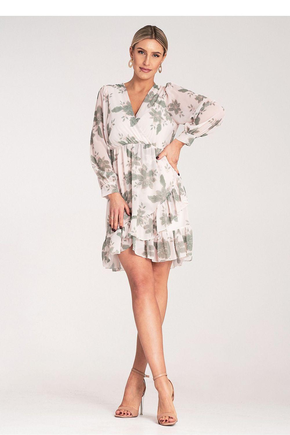 Figl floral daydress with ruffled hem, long sleeves, V-neck, front view