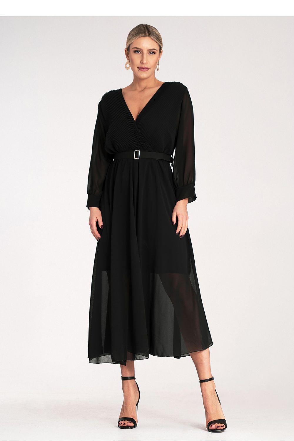 Black cocktail dress with V-neck, three-quarter sleeves, and waist belt, midi length.