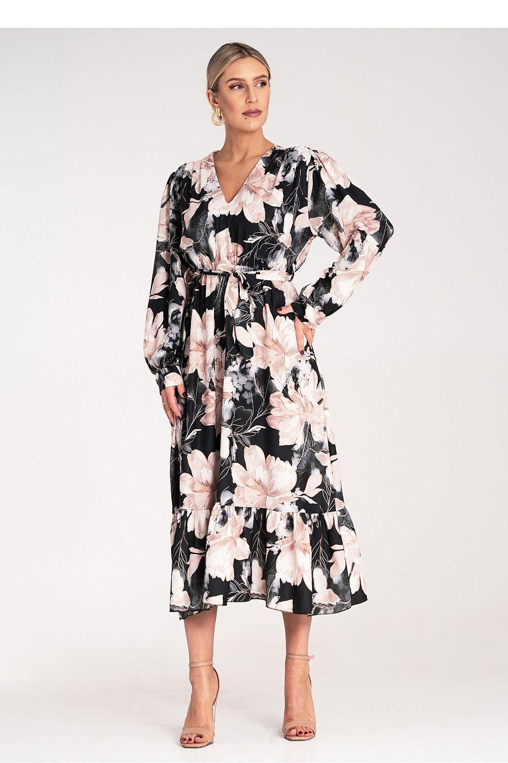 Floral maxi daydress in black with pink flowers, wrap V-neck, long sleeves, flowing tiers