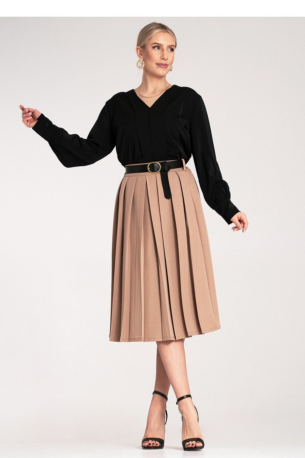 Beige high-waist pleated midi skirt with belt