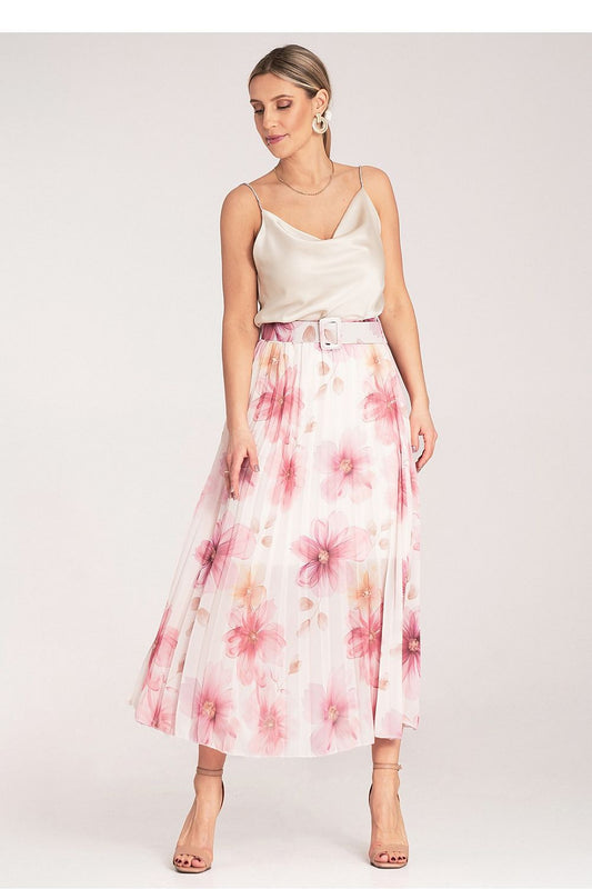 High-waist pleated floral midi skirt in pink