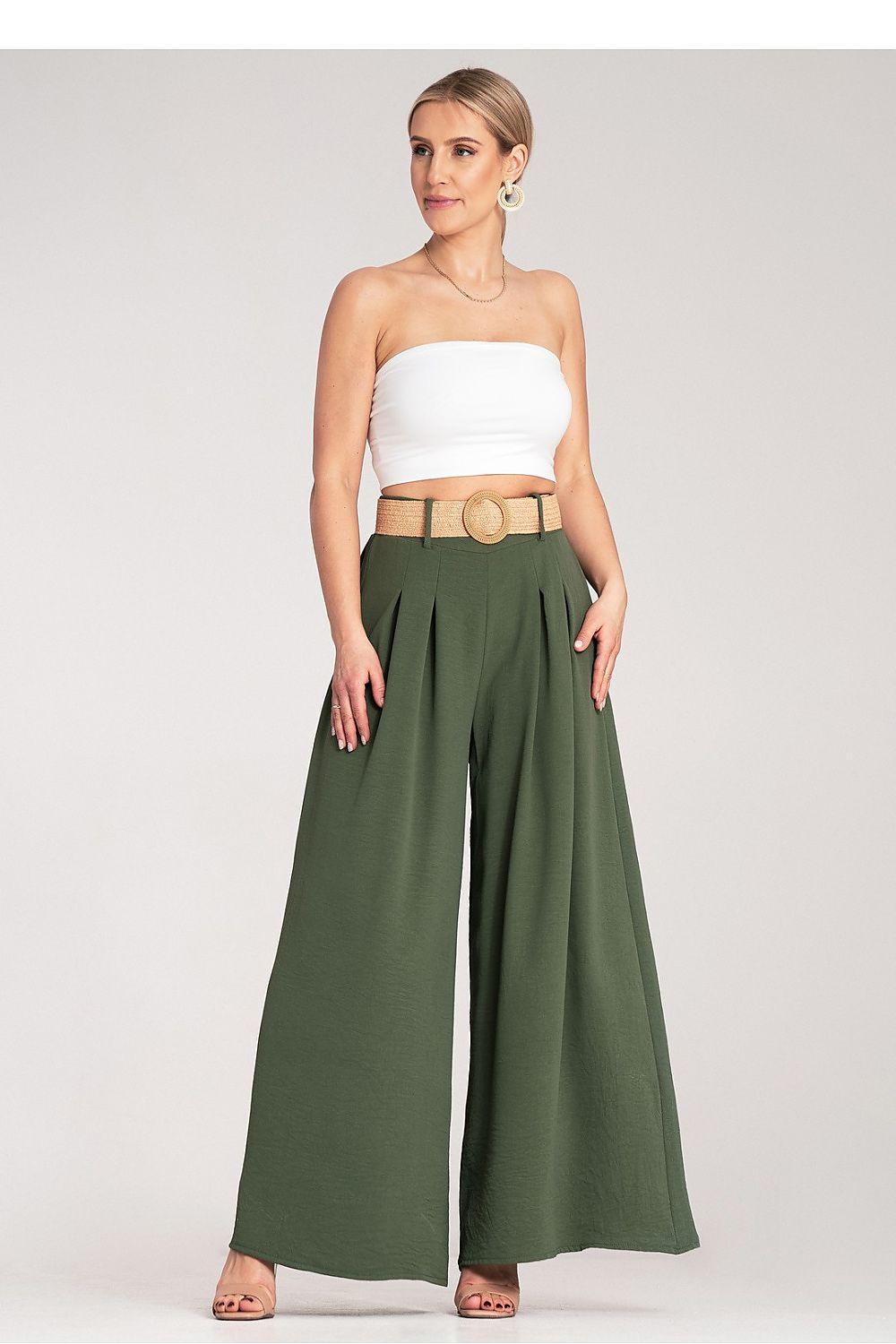 Figl women's green wide-leg trousers with high-waist belt and round gold buckle